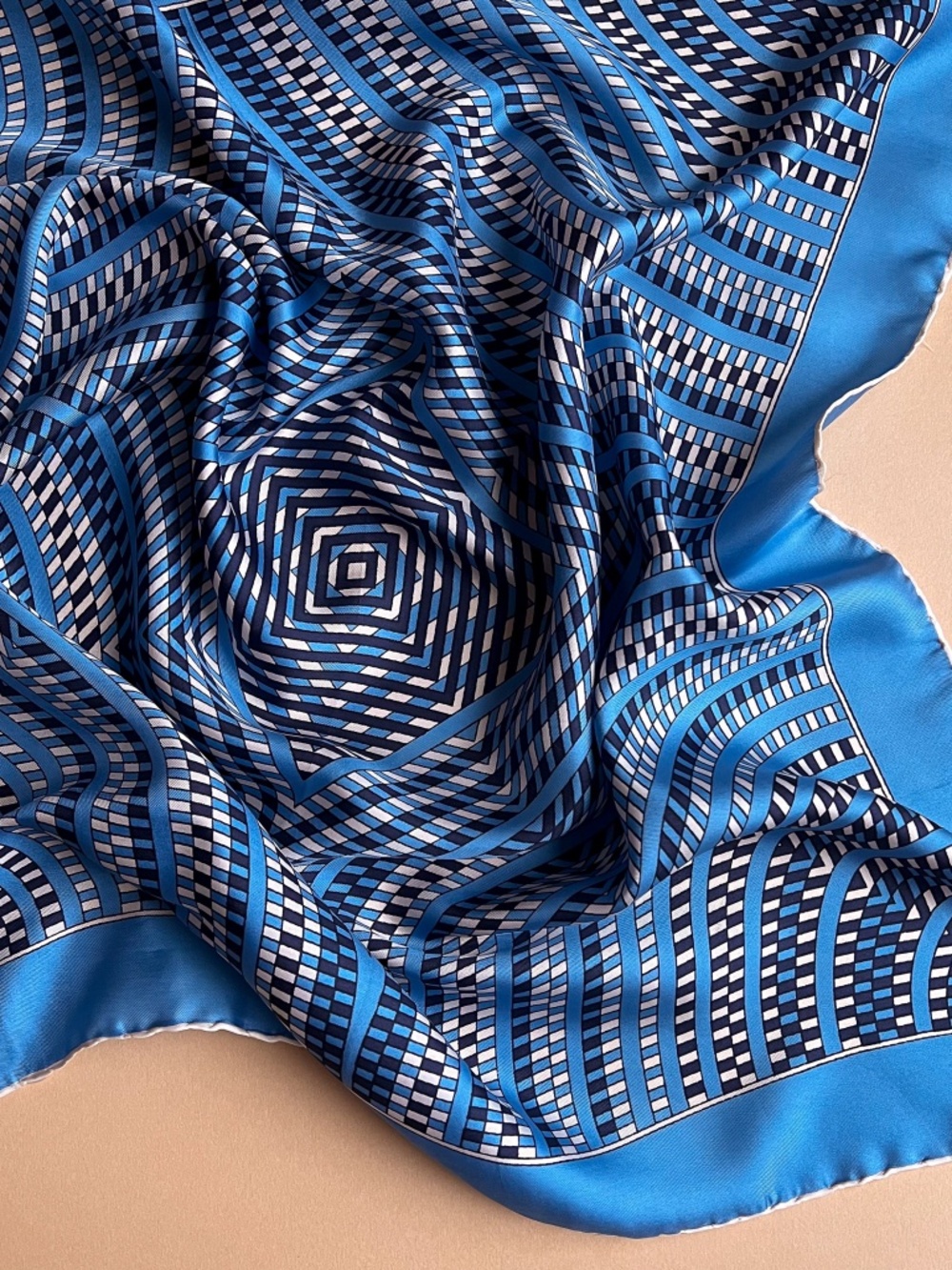 Vintage 1970s Shades of Blue Pattern Silk Scarf